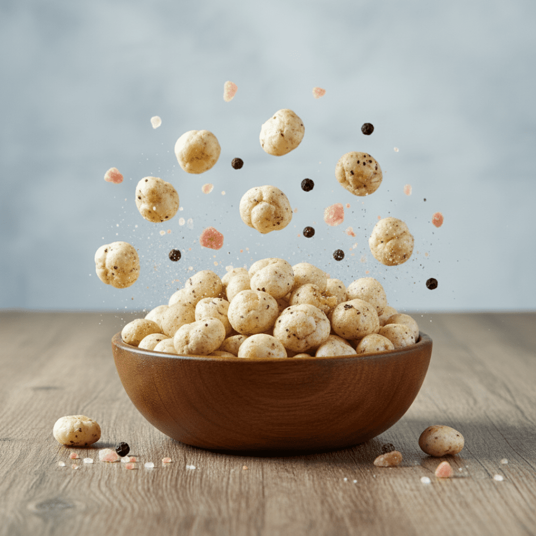 Studio product shot of Makhana snack pack with subtle pepper and salt grains