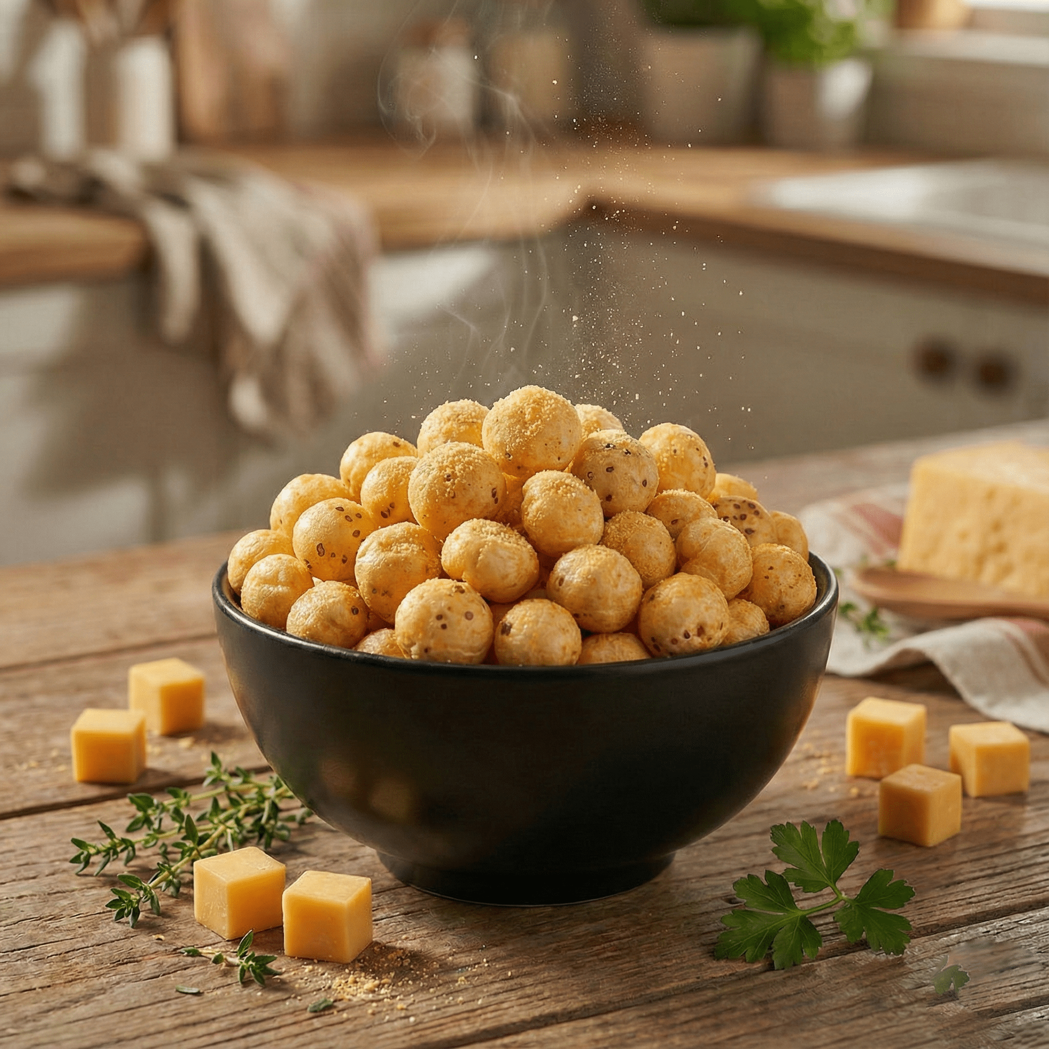 A bowl of cheese flavoured makhana coated with creamy seasoning, styled on a clean surface for a rich and appetizing look