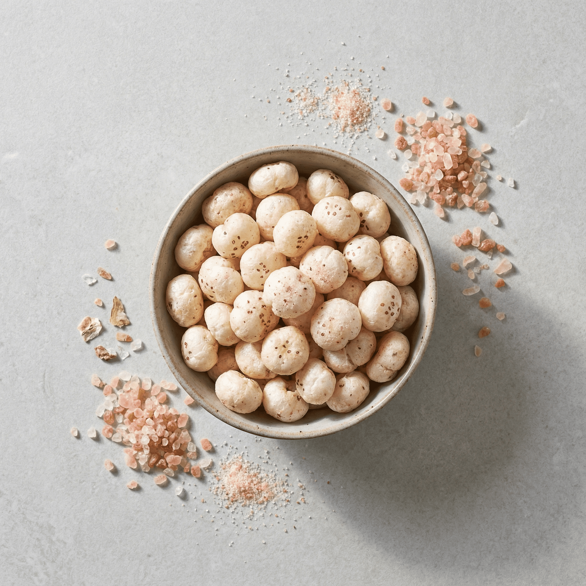 Top view of Himalayan salted makhana in a bowl, highlighting its natural color and simple seasoning