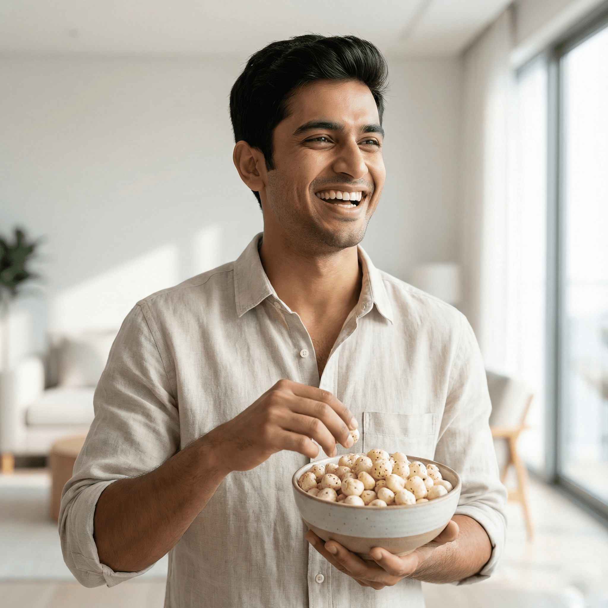 A person enjoying salt and vinegar makhana as a tangy, crunchy snack in a relaxed indoor setting