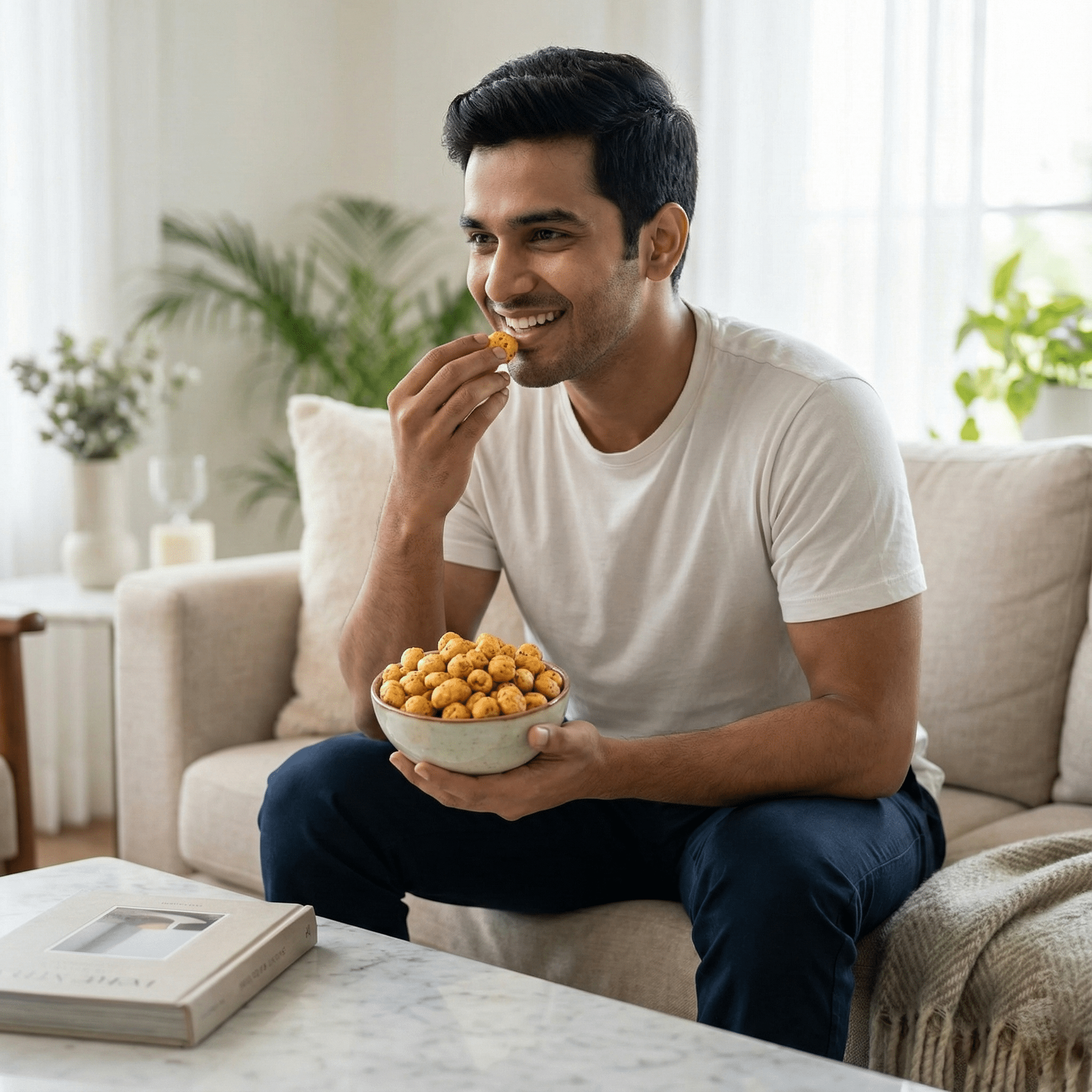 A person enjoying cheese makhana as a tasty and satisfying snack in a comfortable indoor setting