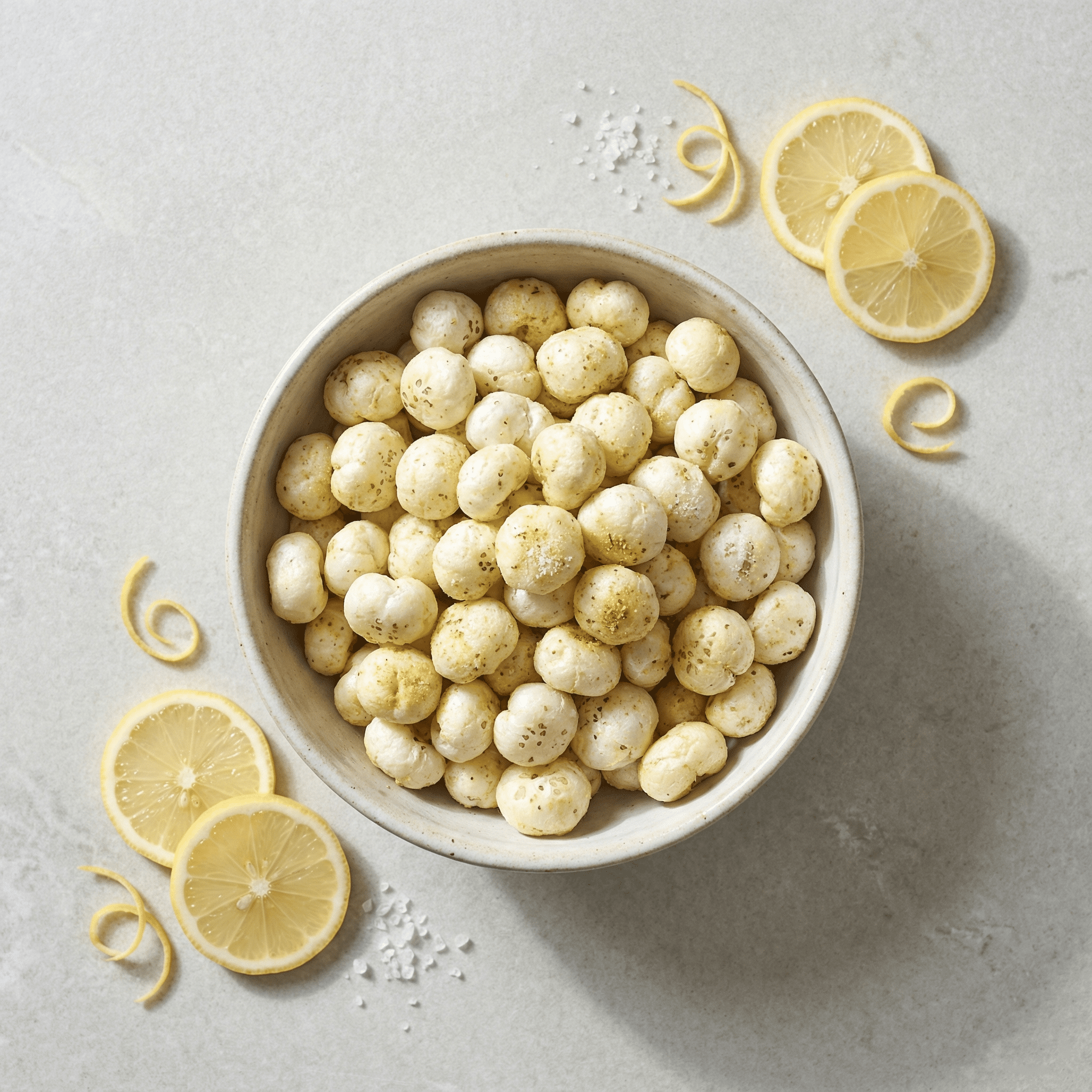 Top view of salt and vinegar flavoured makhana in a bowl, highlighting its light seasoning and crunchy texture