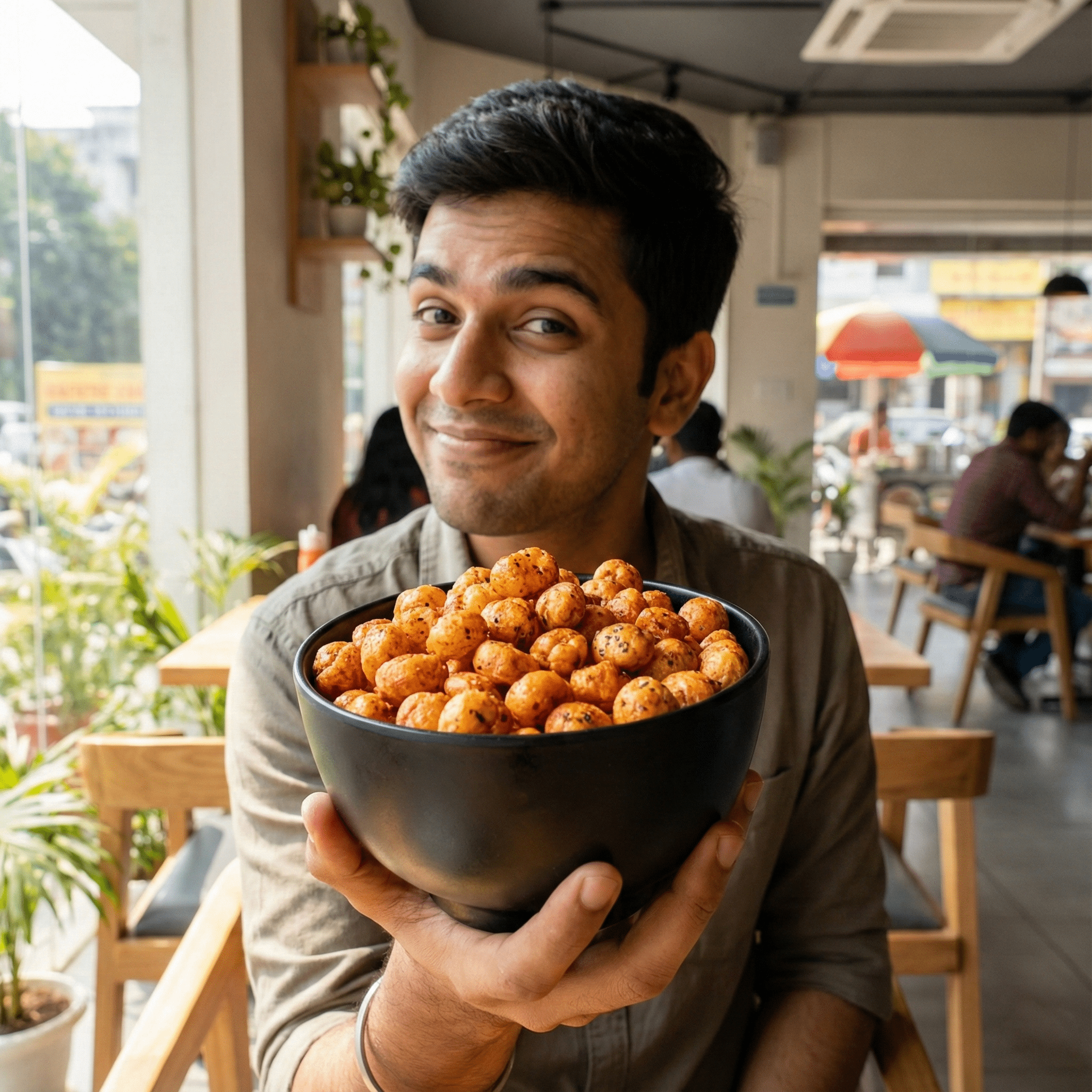 A person enjoying momo chutney makhana as a spicy and tangy snack indoors