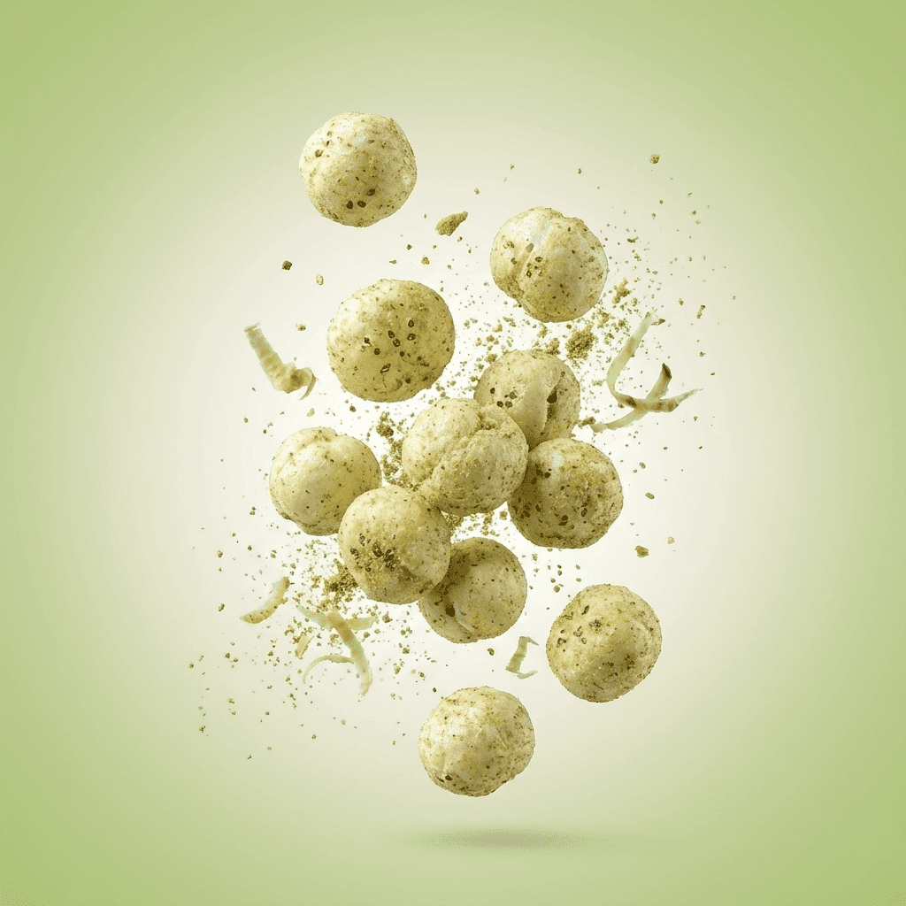 Floating wasabi makhana showing its crunchy texture and fresh green seasoning against a soft background