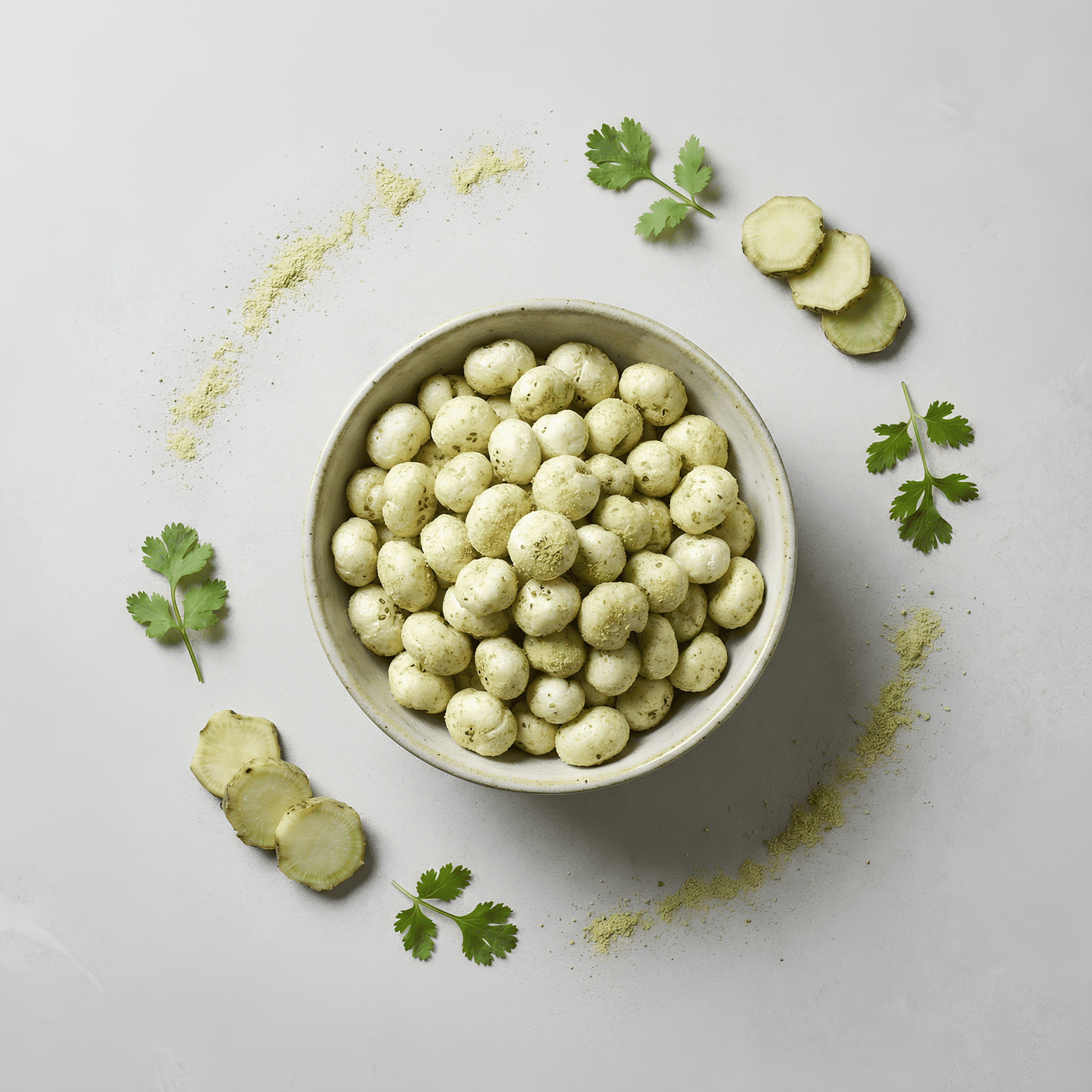 Top view of wasabi flavoured makhana in a bowl, highlighting its clean look and sharp seasoning