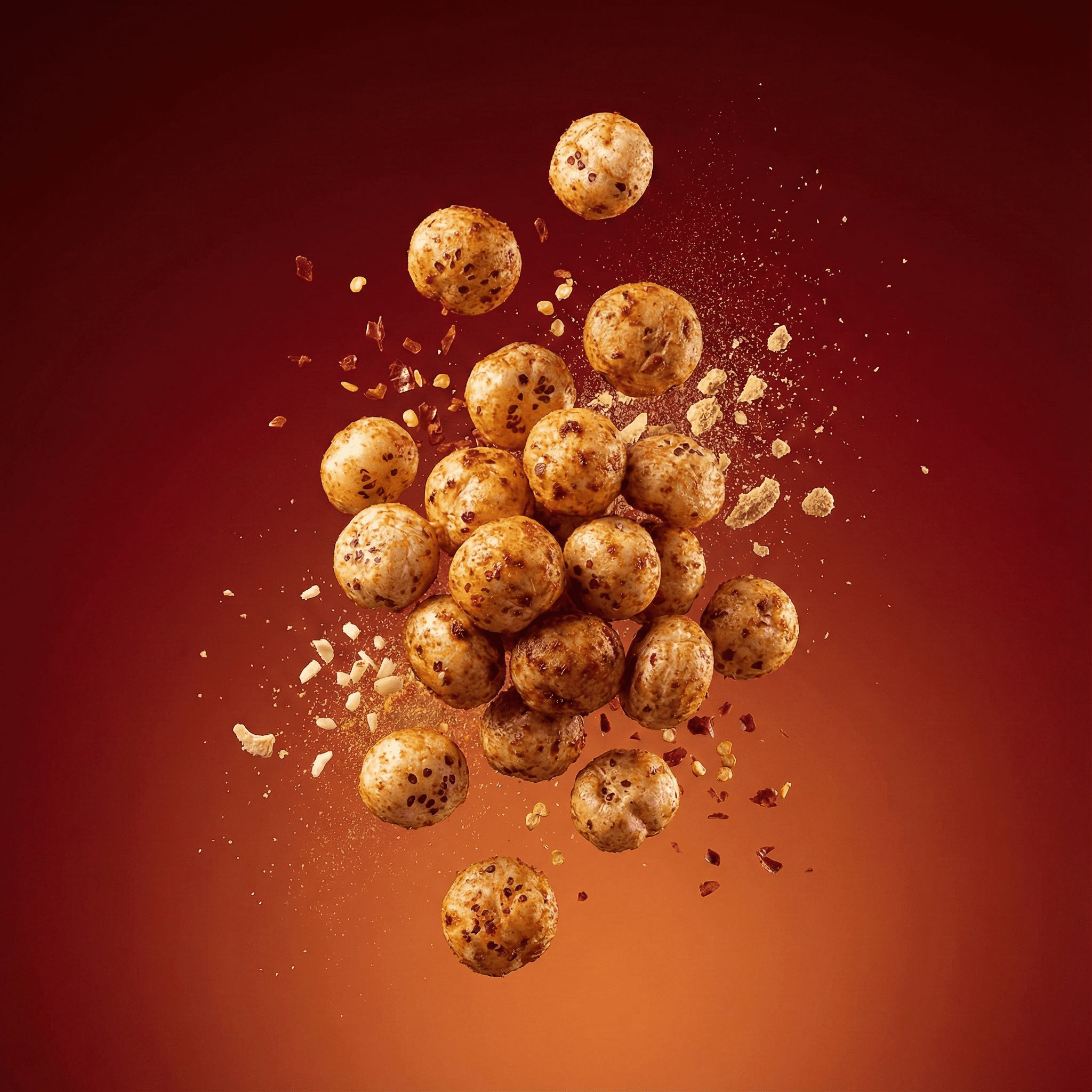 Floating momo chutney makhana showing its crunchy texture and vibrant spicy coating against a soft background